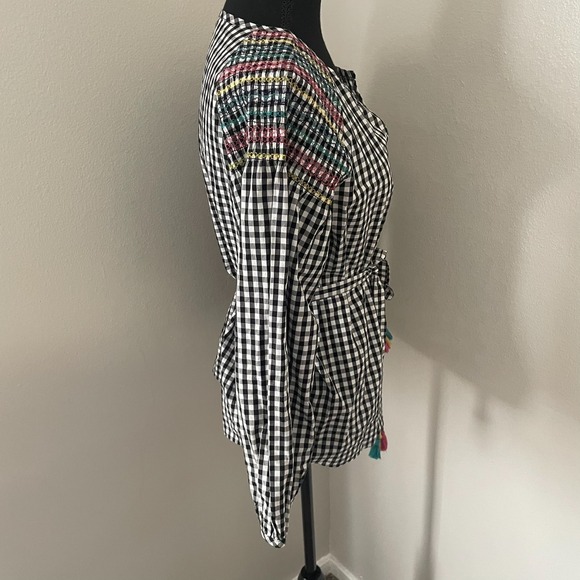 MADEWELL Sz S Smocked Embroidered Gingham Top Black White Checkered Tassel Ties - Picture 6 of 10